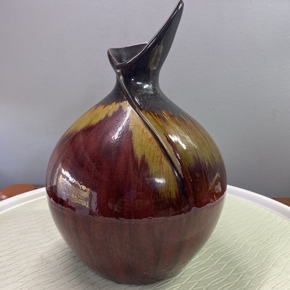Ceramic Red/Yellow&Gunmetal Vase With Unique Shaped Rim 10.75" Tall Drip Glaze